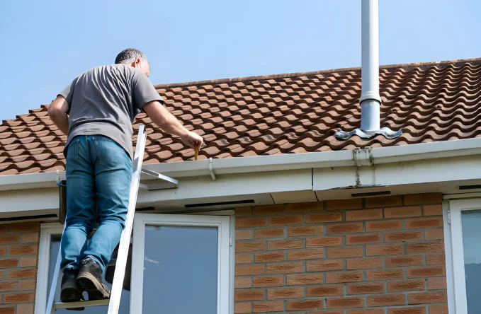 Roof And Gutter Repairs 8 A Homeowner Is Cleaning The Home Gutter In The Day Time